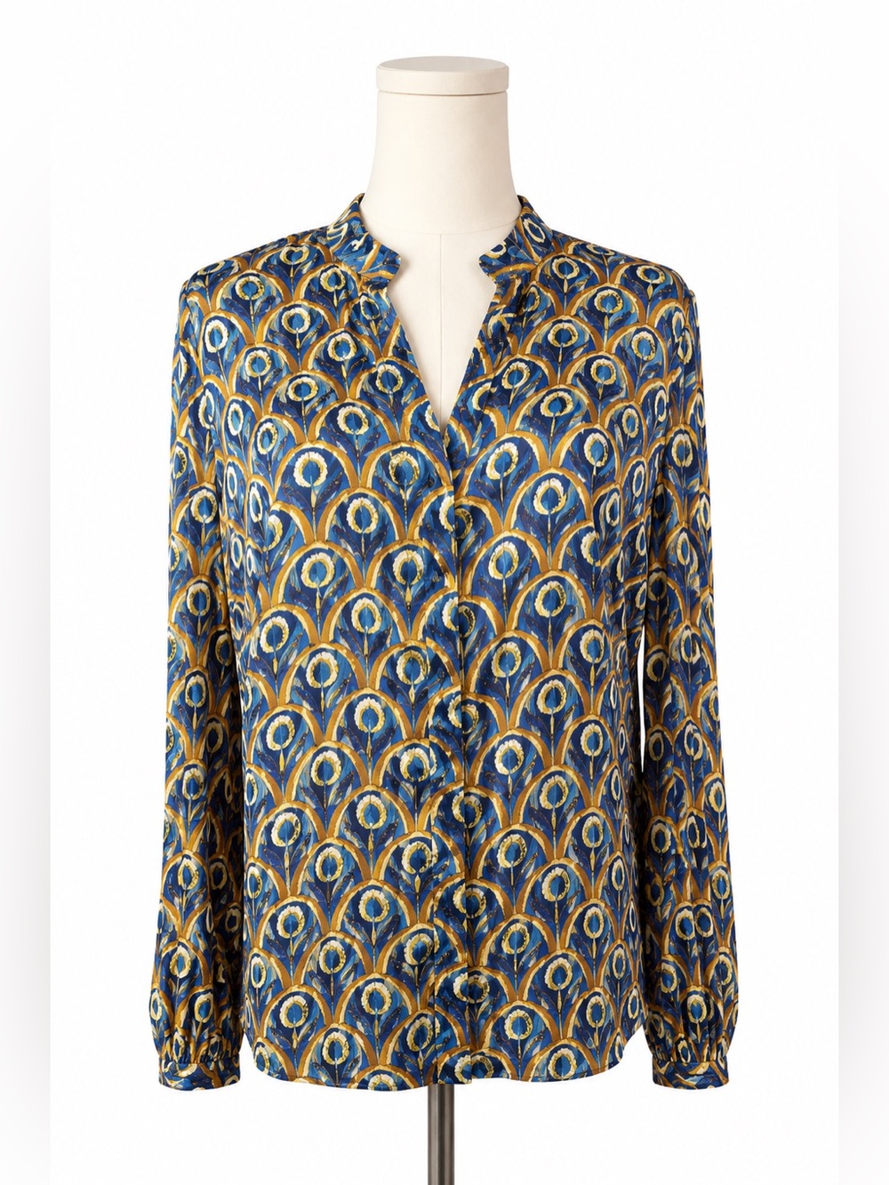 MELLODAY Peacock Print Boho Blouse Blue Gold Statement Top Medium Office Chic